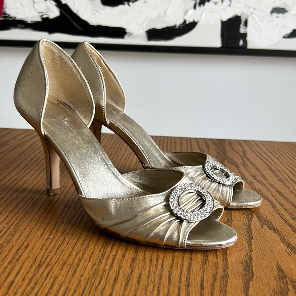 Gold leather heels with crystal stone detail